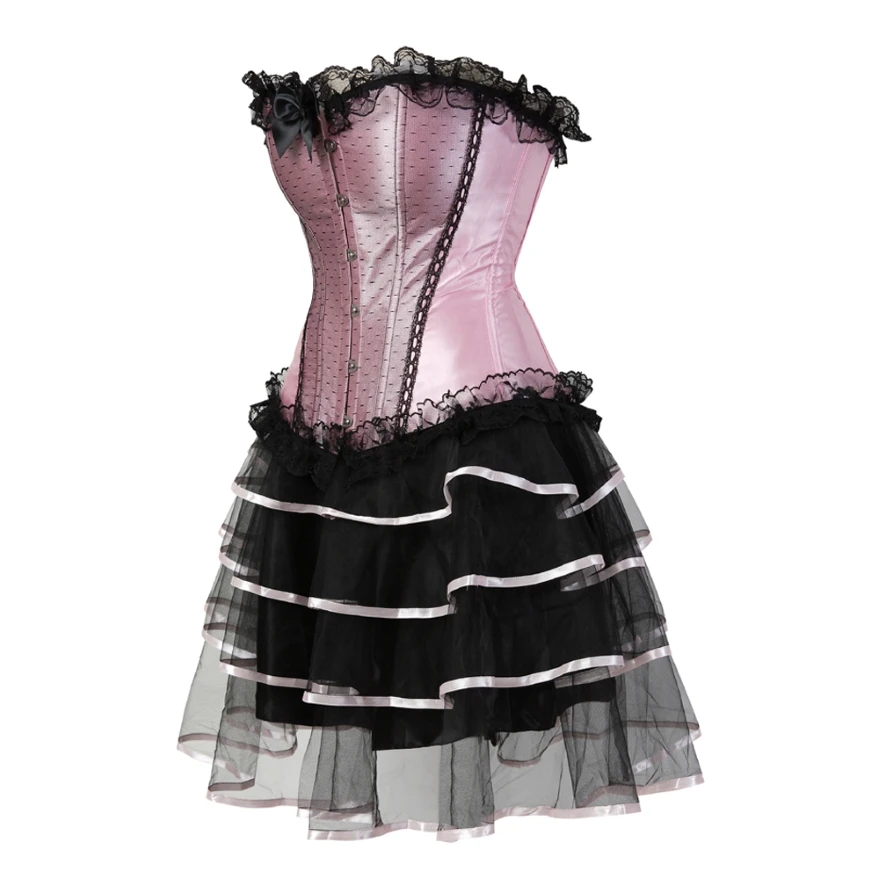 Women Victorian Corset Dress Sexy Lace Overbust Corset Burlesque Bustier With Mini Pleated Skirt Set Plus Size S-6XL