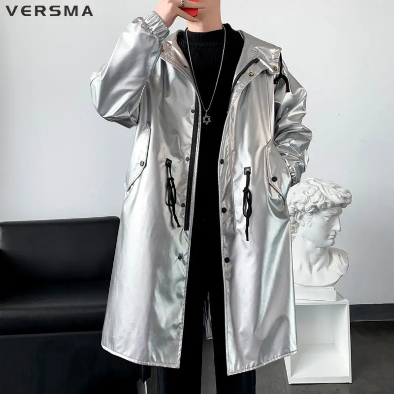 VERSMA Korean Classic Black Long Pu Leather Trench Coat Large Size Men Women Autumn Shiny Oversize Youth Jacket Men Dropshipping