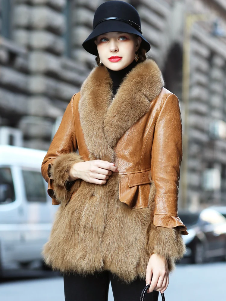 2021 Winter New Luxury Leather Coat Women Natural Fox Fur Sheep Skin Down Jacket Fashion Warm Fur Outerwear Female