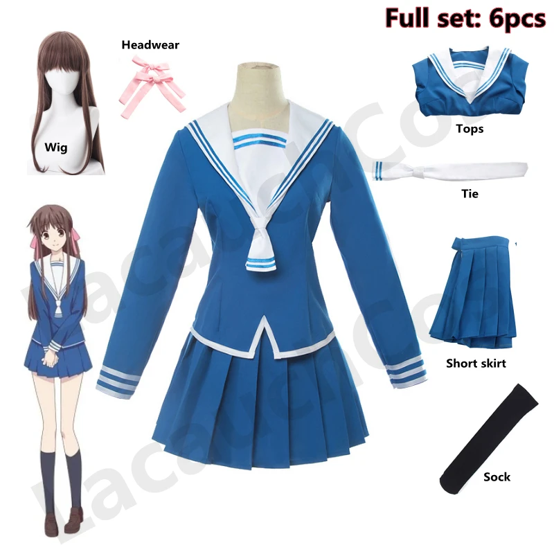 

New Anime Fruits Basket Cosplay Costumes Honda Tooru Costumes School Student Uniform Wig Black Sock Full set 6pcs