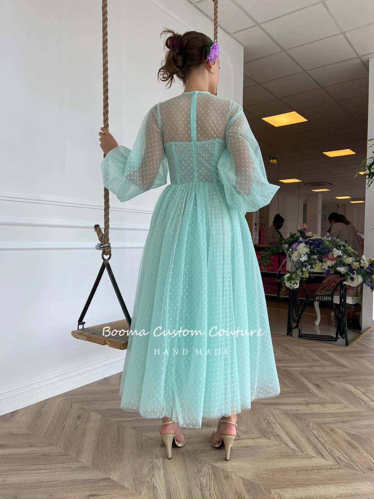 Booma Aqua Gepunktete Tüll Prom Kleider Oansatz Lange Puff Ärmeln Illusion A-Line Party Kleider Zugeknöpft Top Tee-Länge Prom kleider