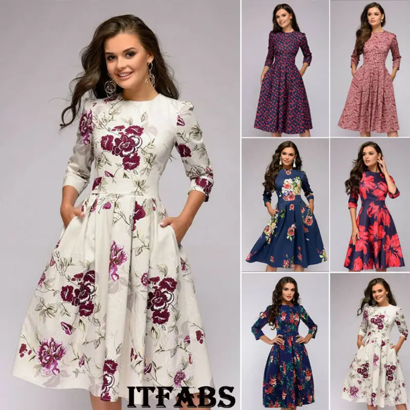 Women Retro Tunic 3/4 Long Sleeved Floral Print Bodycon Dresses Vintage Dress Elegant Ladies Dress