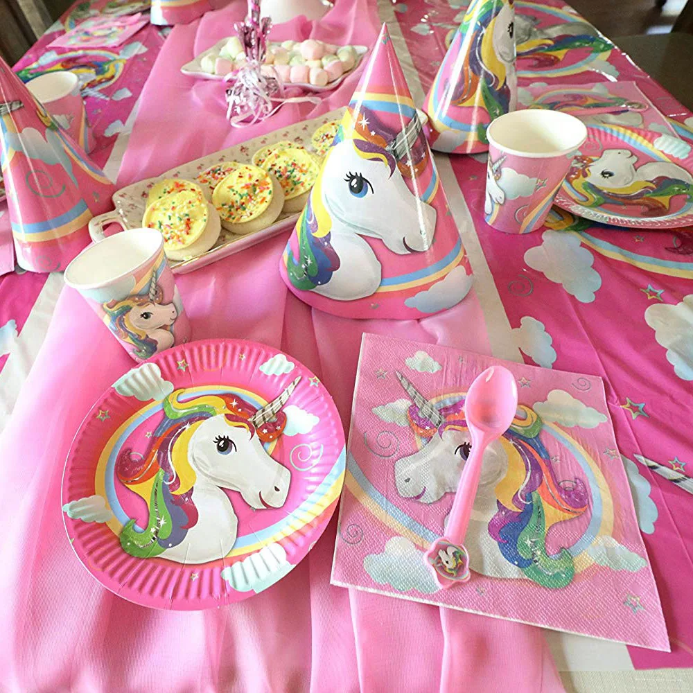 Pink Rainbow Unicorn Party Supplies Banner Paper Plates Balloons Napkin Gift Bag Wrapper Baby Shower Kids Birthday Decorations