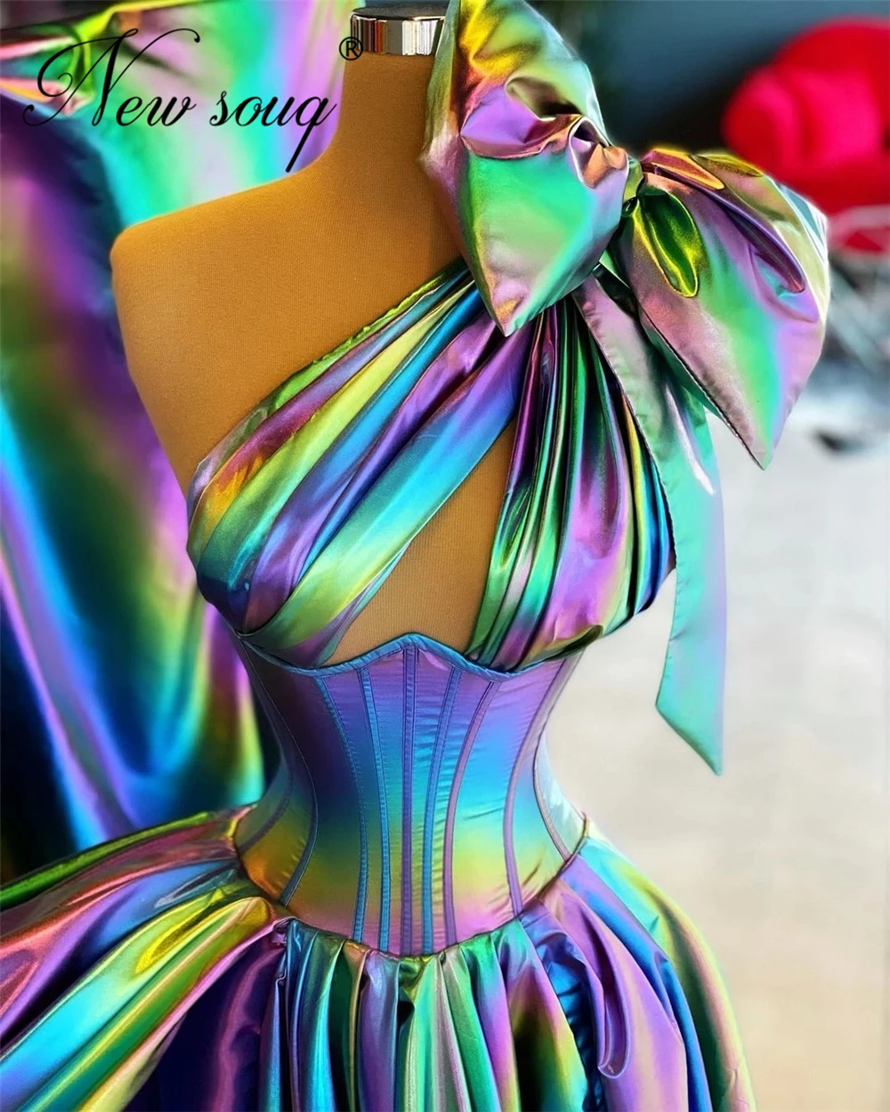 Shiny Multi Color Evening Dresses One Shoulder With Bow Formal Party Dress Abendkleider 2021 Dubai Arabic Prom Gowns Robes Dress