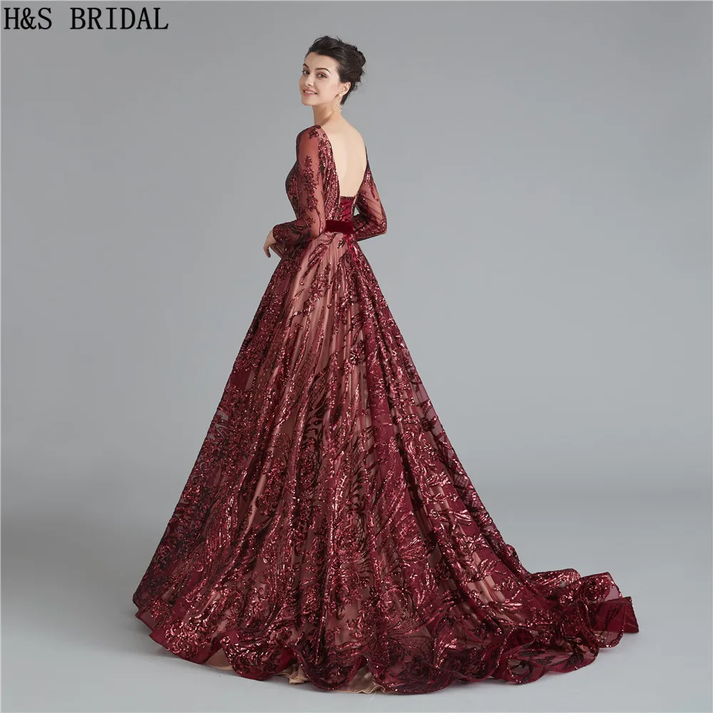 Burgundy แขนยาวชุดราตรีเลื่อม Backless ชุดราตรียาวชุดราตรีชุด Robe de Soiree อย่างเป็นทางการ