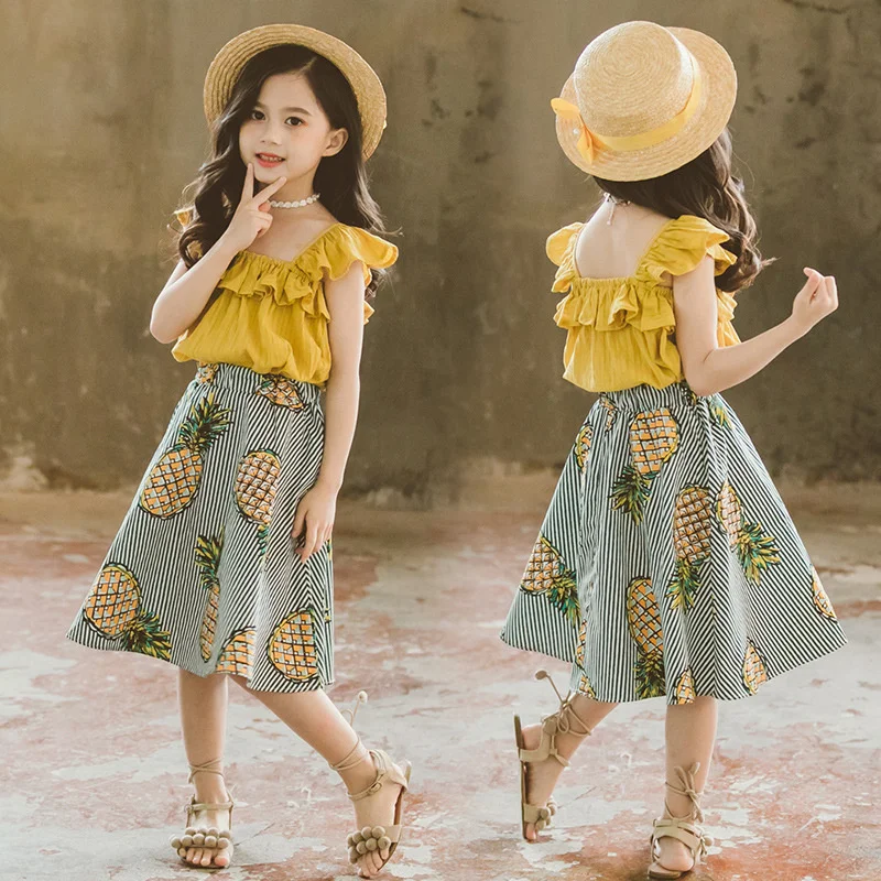 Fashion Baby Girl Summer Clothes 2019 Girls Suits Ruffles Tops Skirts Kids Outfits 2Pcs Children Clothing Set 6 8 9 10 12 Years