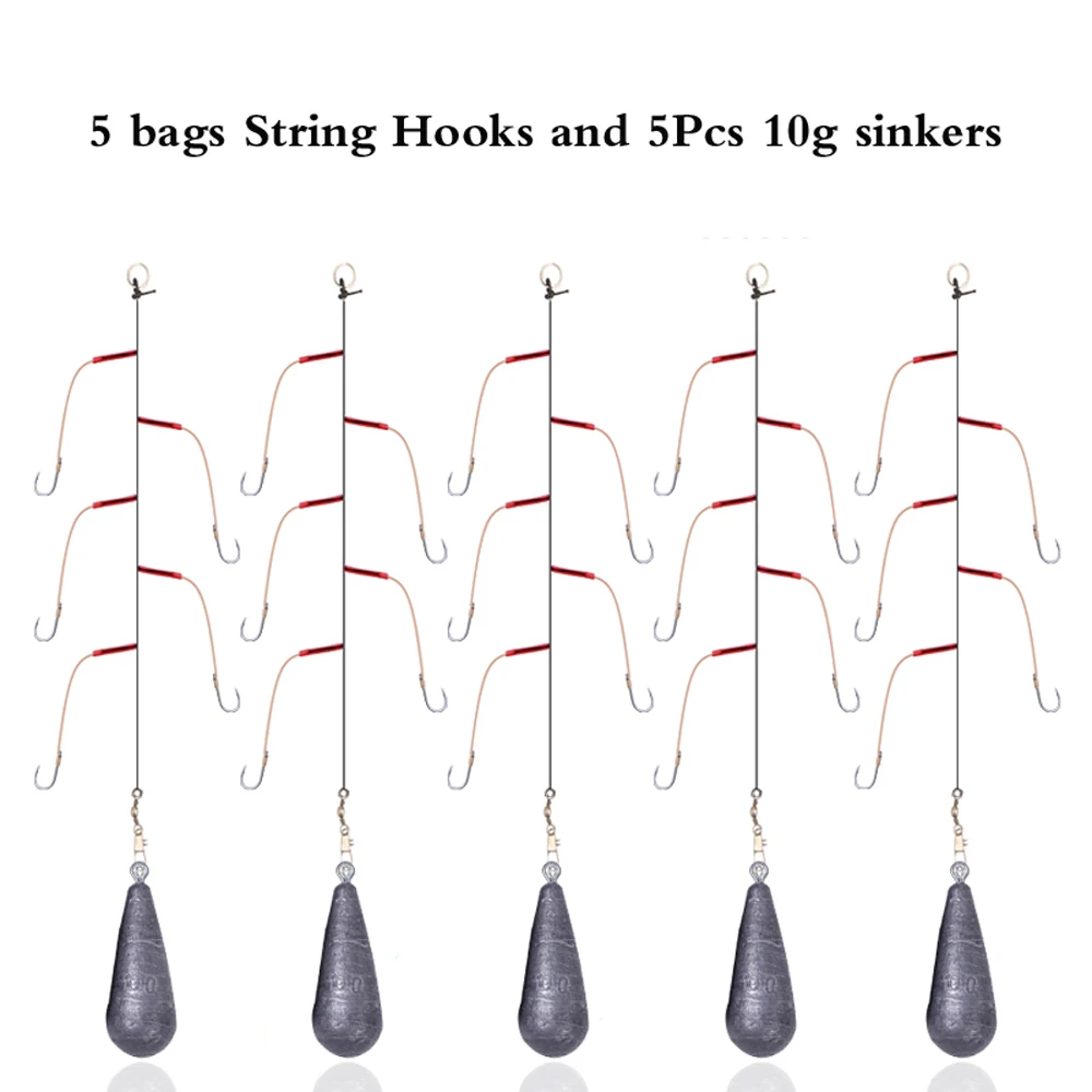 5er-Pack Hochkarbon-Stahl-Angelschnur mit 5 Einzelhaken, Wirbelködern und Bleigewichten für Meeresangeln – Pesca 3 # -13 #