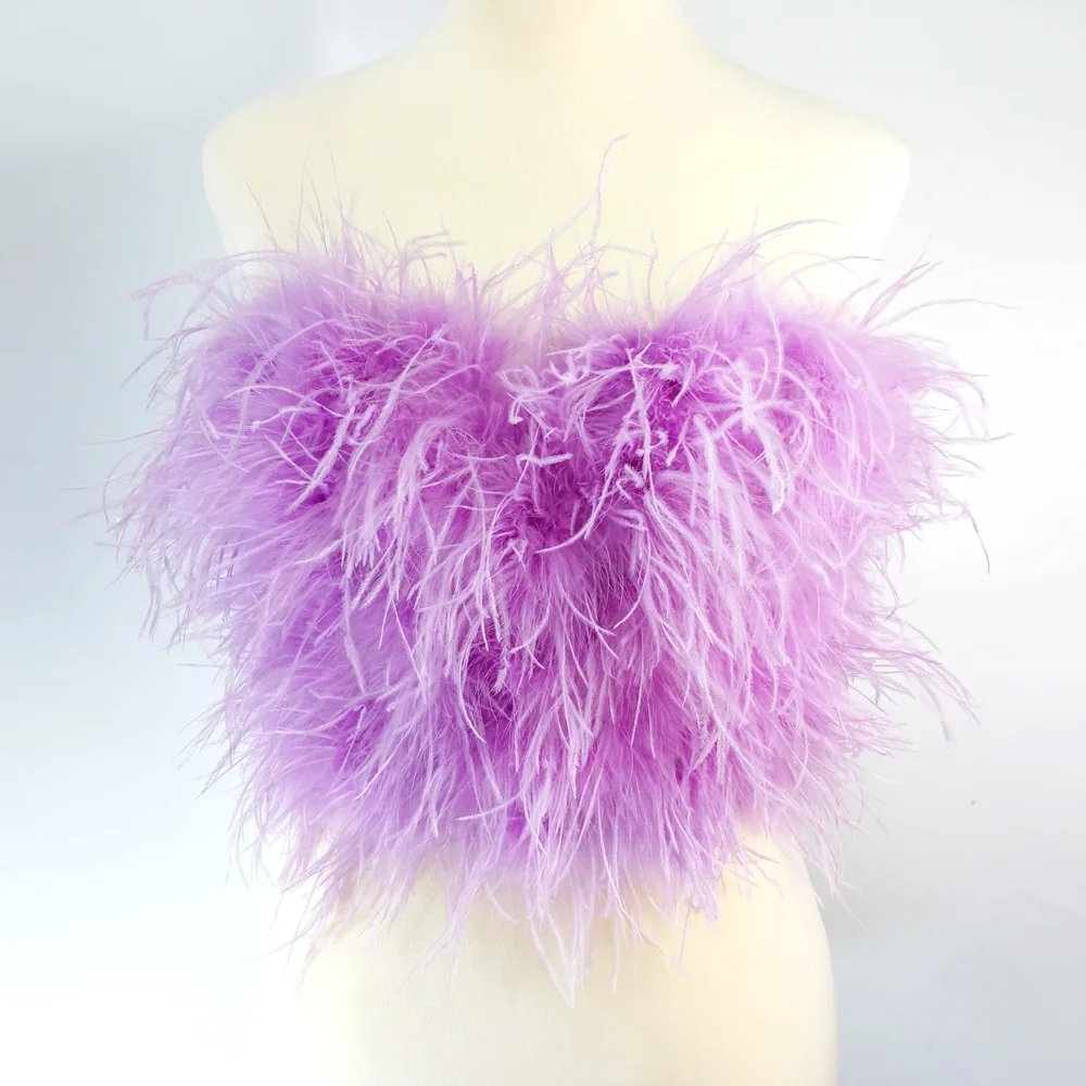 Ostrich hair crop top for women feather camis tube top tight-fitting stage performance costume nightclub party tanks bustier bra