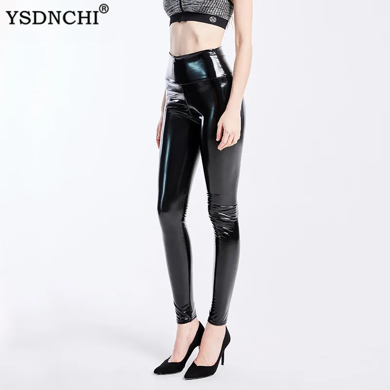 YSDNCHI-mallas Push Up para mujer, pantalones brillantes de cintura alta, elásticos, ajustados, de cuero PU, color negro