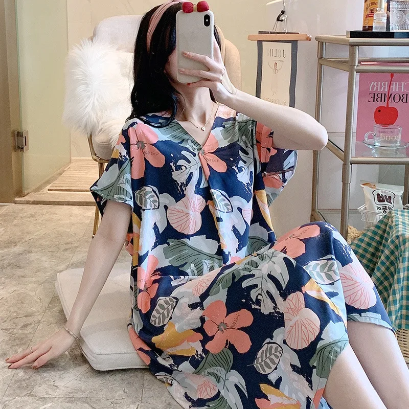 Summer Women Nightdress Short Sleeved V Neck Nightgowns Floral Printed Casual Sleepwear Pyjamas Girls Sleepdress Female Homewear