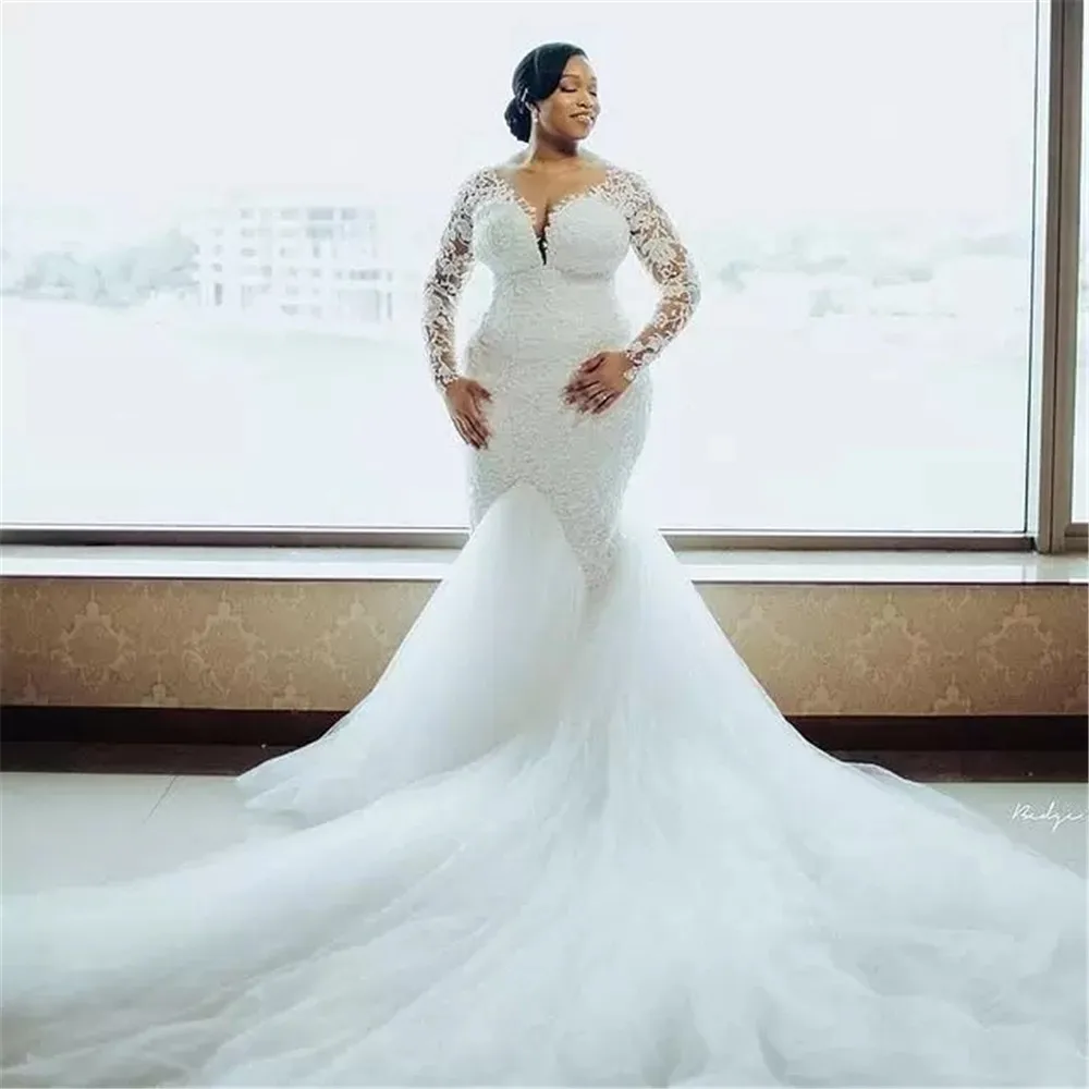 Aso Ebi-vestidos De novia De sirena árabe para mujer, vestidos De novia De talla grande, mangas completas, apliques De cuello transparente, vestidos De novia blancos