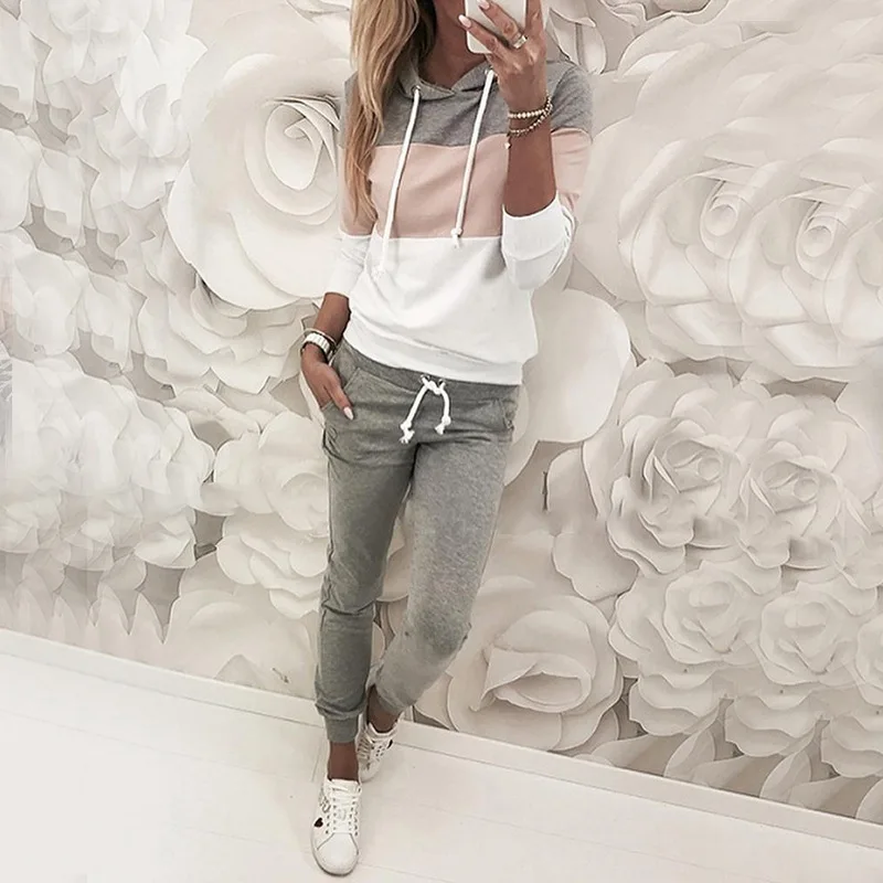 INS Popular Women's New Korean Edition Color Block Stitching Long-sleeved Casual Sweater Set