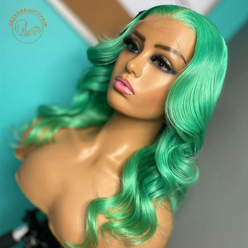 Mint Green Lace Frontal Wigs Lime Green Pink Brown Wavy 13X4 Lace Front Wig 180% Density Colored Human Hair Wigs Body Wave Hiar