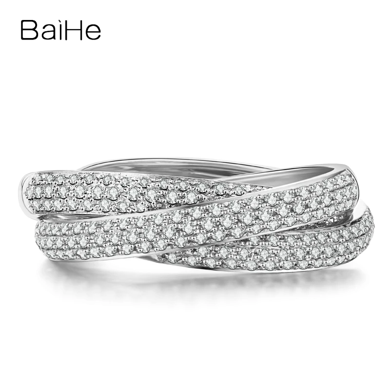 

BAIHE Genuine Solid 18K White Gold 0.60ct H/SI Natural Diamond Three-Ring Interlocking Diamond Row Ring Women Men Fine Jewelry