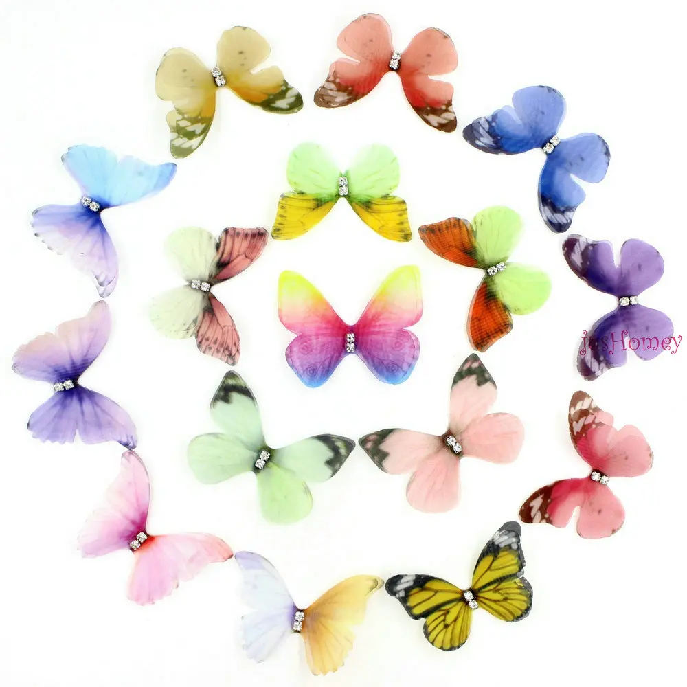 100PCS 4.5cm Double-layer Organza Butterflies w/ Rhinestone Handmade Butterfly Accessory for Wedding DIY Jewelry Making