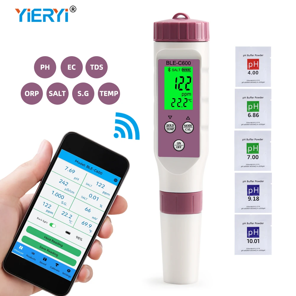 Medidor de ph Bluetooth Qualidade da Água Testador Acidez Temperatura Orp ec Tds Salinidade S.g Controle App On-line para Beber Aquário Hidropônico