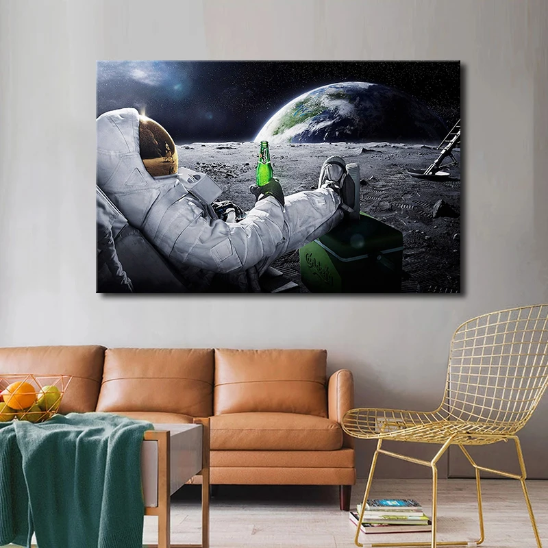

Astronaut Beer Landscape on the Moon Canvas Painting Modern Wall Art Posters Prints Cuadros Wall Pictures Living Room Home Decor