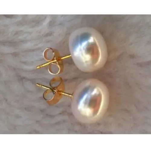 

free shipping huge AAA 13-14 mm South Seas white Pearl Stud Earrings 14k/20 yellow GOLD