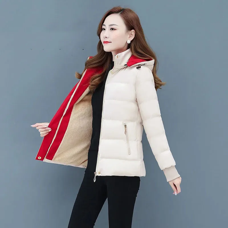 Winter Ladies Jacket New 2023 Add Velvet Add Cotton Down Cotton Clothes Women Coats Loose Removable Cap Warm Female Outerwear