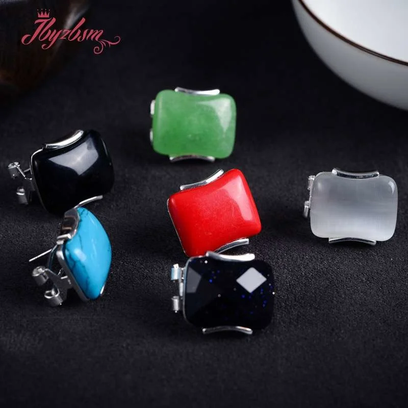 10x20mm Rectangle Stone Beads Agates Coral Cat Eye Jades Tibetan Silver Fashion Clamp Earring For Woman Christmas Gift 1 Pair