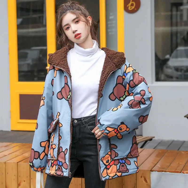 Double-sided Printed Bear Lamb Wool Cotton-padded Jacket Womens 2024 Autumn Winter Student Hooded Jackets Korean Fashion Casual