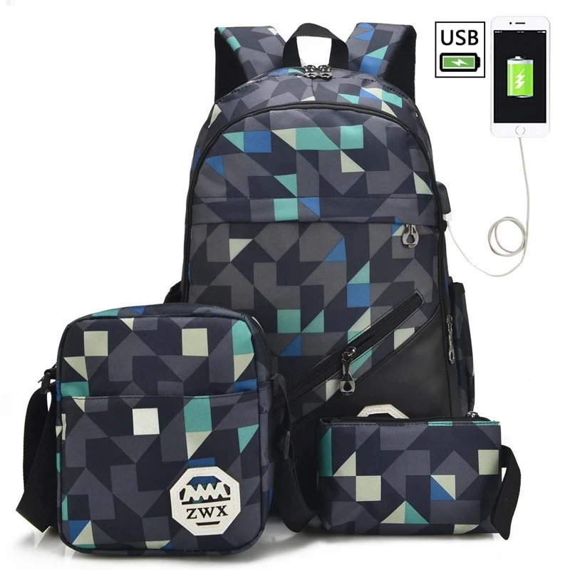 Conjunto de 3 unids/set de mochila USB para hombre y mujer, morral escolar de viaje, bolso de hombro para estudiante