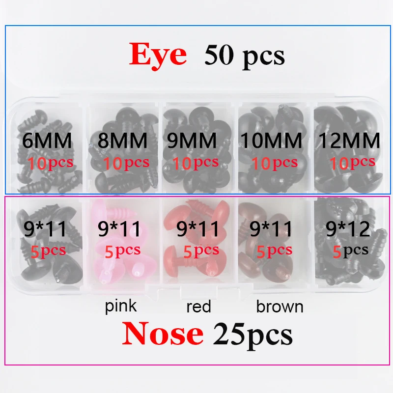 75pcs Box Mix Color Plastic Noses Safety Eyes For Toys 6mm 8mm 10mm 12mm Teddy Bear Toys Animal Amigurumi Eyes Dolls Accessories