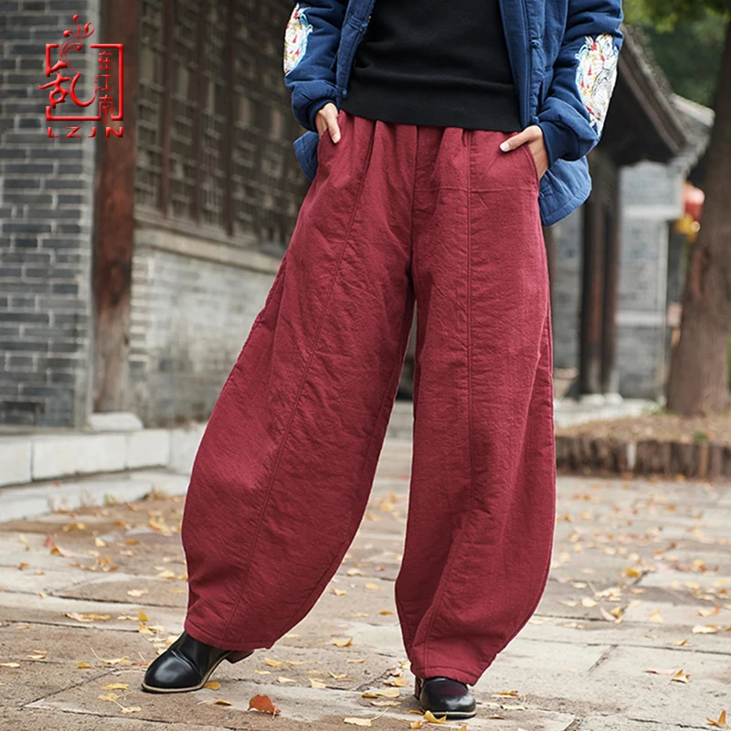 LZJN-Cotton Linen Harem Pants for Women, Casual Loose Pants, Elastic Waist, Monochromatic, Thick,Warm,New,Original,Autumn,Winter