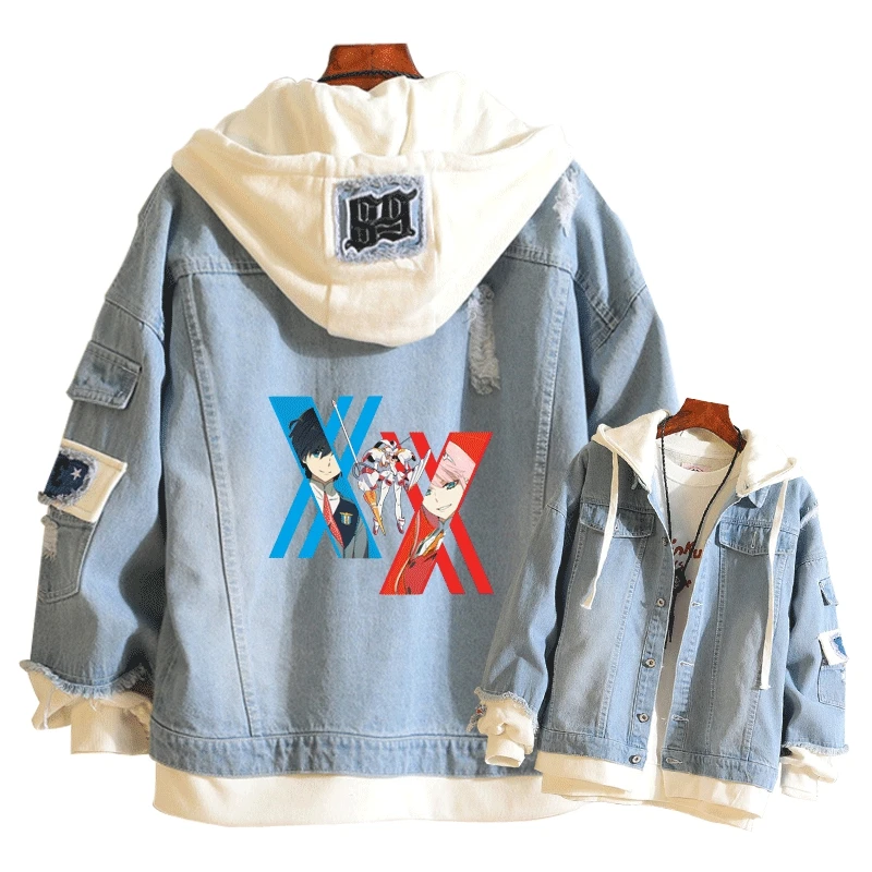 DARLING in the FRANXX Layered Denim Jacket Anime Hoodies Autumn Coats Oversized Sweatshirt Women Jeans Jacket Unisex Streetwear