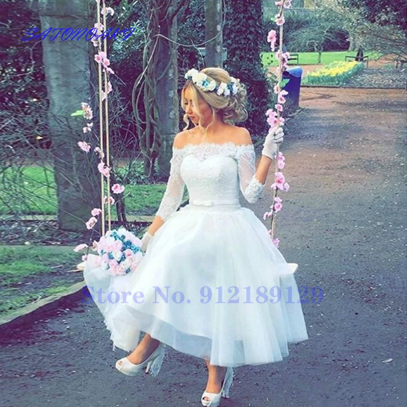 

Vestido De Noiva Summer Short Wedding Dresses Bateau Neck Lace 3/4 Sleeves with Bow Buttons Back Bridal Gowns Robe De Mariée