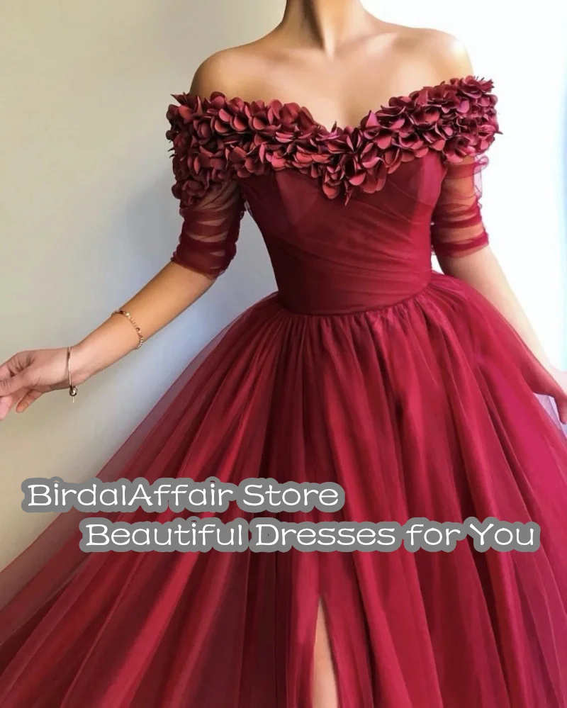 BridalAffair Exquisite Burgundy Tulle Prom Dress Off the Shoulder A Line Handmade Flower Floor Length Party Evening Gown