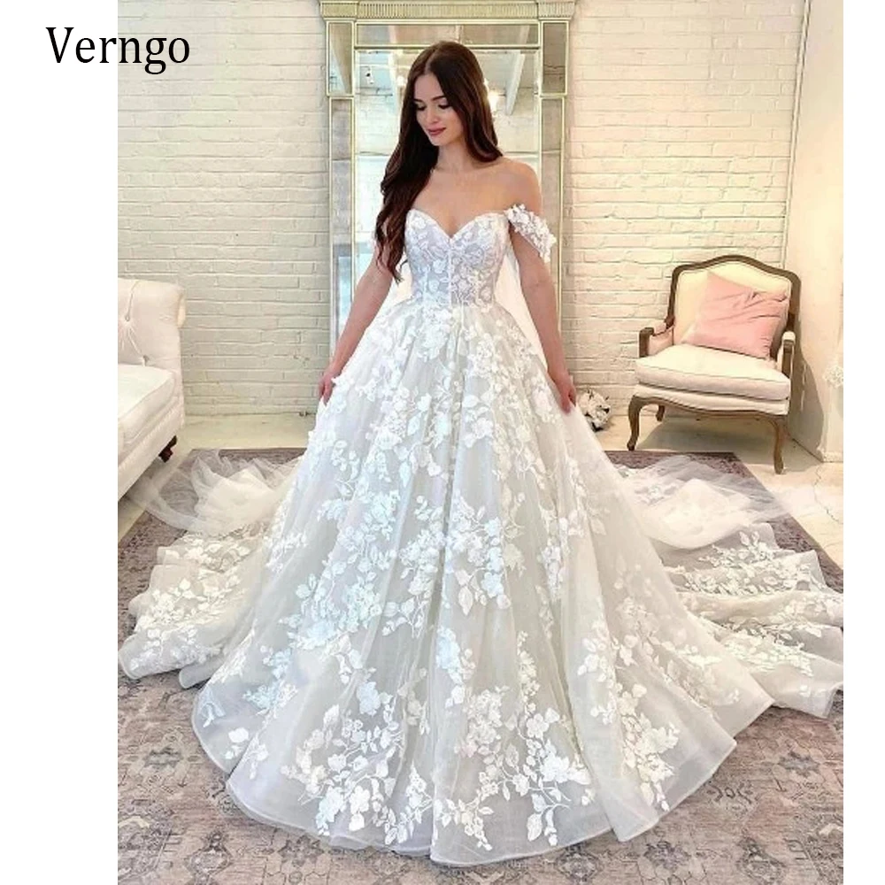 

Verngo Exquisite Lace Applique Wedding Dress 2021 Off the Shoulder Short Sleeves Bridal Gowns Longo Luxurious Vestido de noiva