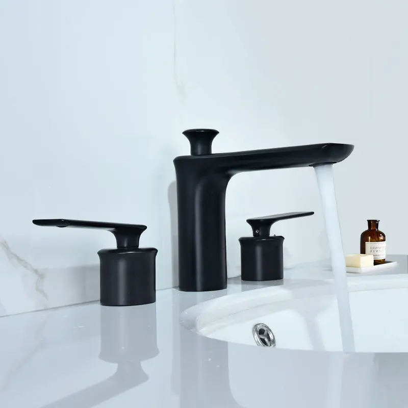 Retro Black Basin Faucet Brass Polished Mounted Bathroom Sink Faucets Three Hole Double Handle Hot And Cold Water Tap