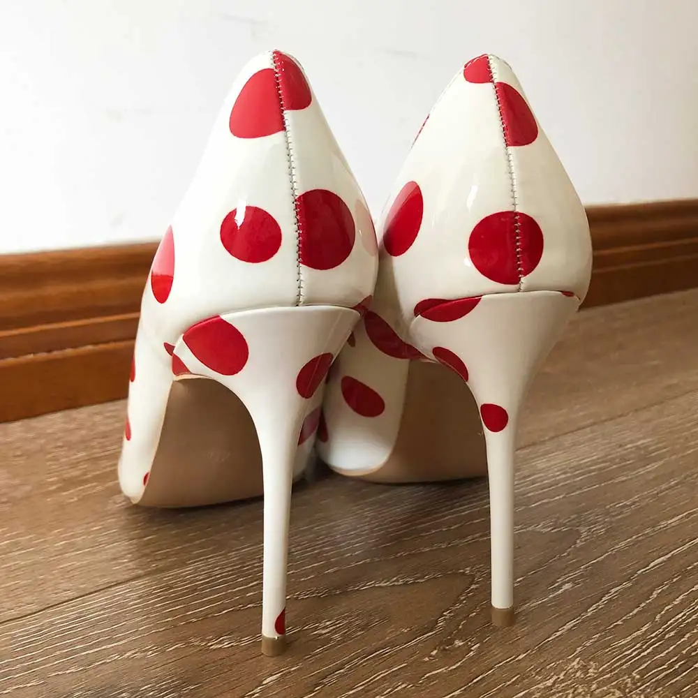 Veowalk Red Polka Dot Women Patent Leather Pointy Toe Stiletto High Heels Chic OL Ladies Slip On Pumps Printed Party Shoes White