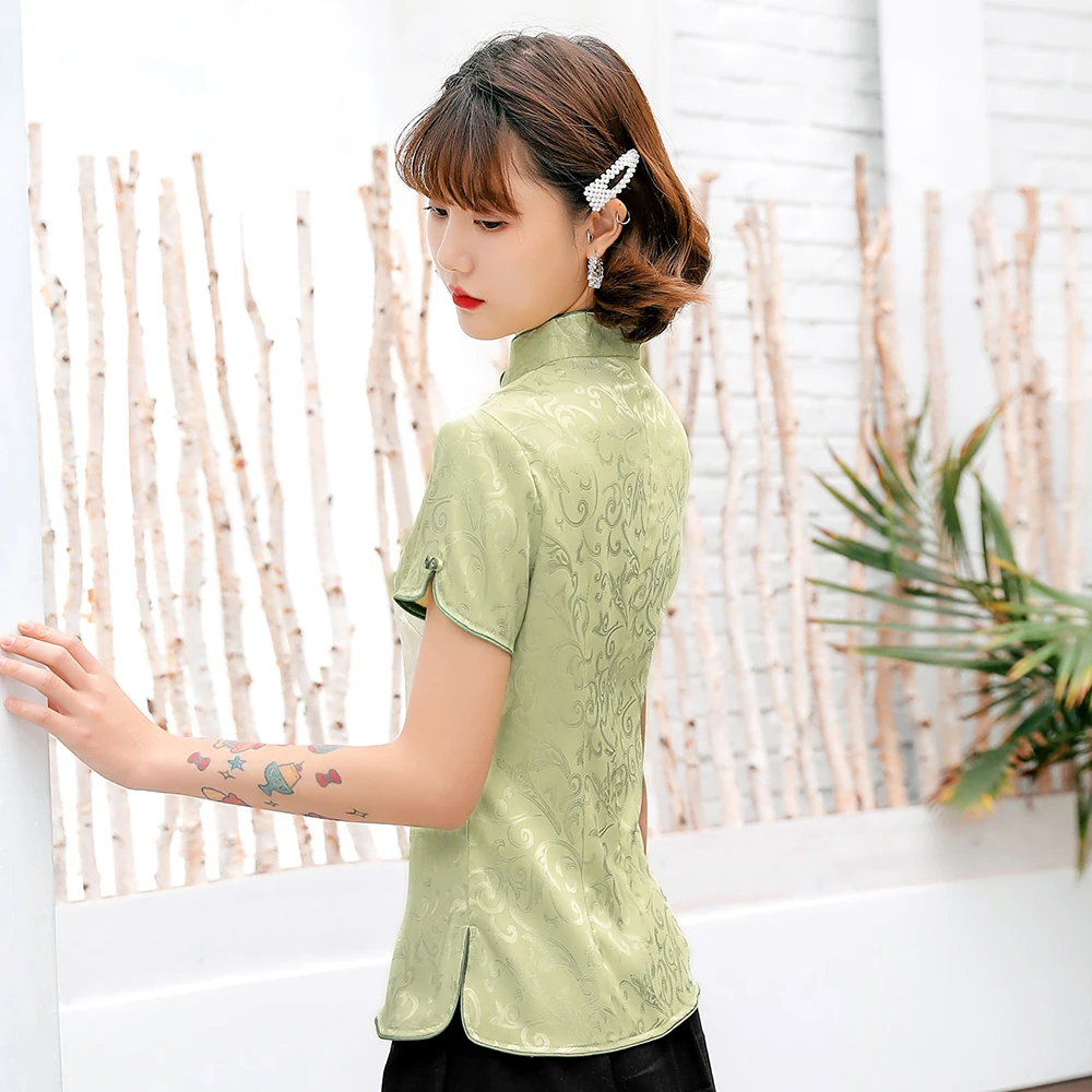 White Printed Blouse Elegant Cotton Chinese Women Mandarin Collar Shirt Novelty Short Sleeve Classic Handmade Button Tops