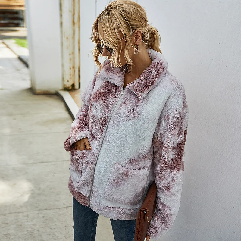 ผู้หญิง Lamb Fur Coat ฤดูใบไม้ร่วงฤดูหนาว Tie Dye เปิดลงปกซิปกระเป๋าสุภาพสตรี Casual Outerwear เสื้อขนแกะสำหรับหญิง