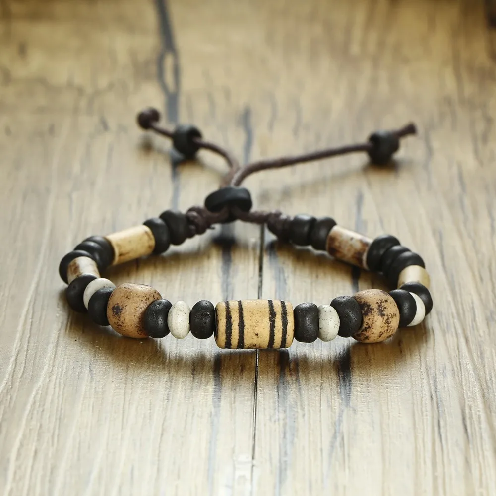 Men\'s Wood Beaded Bracelet Surfer Bohemian Stacking Bangle Tribal Chic Jewelry Drawstring Jewellery Festival Boho Gypsy