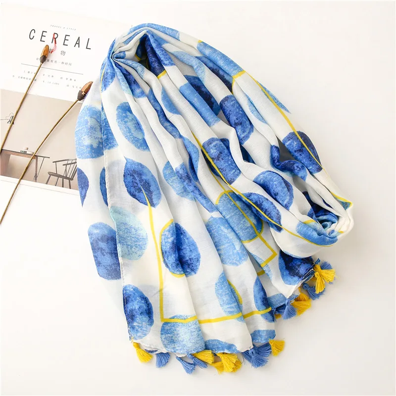 2021 Autumn Women Scarf Cotton Foulard Shawl Blue Dots White Hair Scarf Sun Protective Warm Tassels Neck Wraps