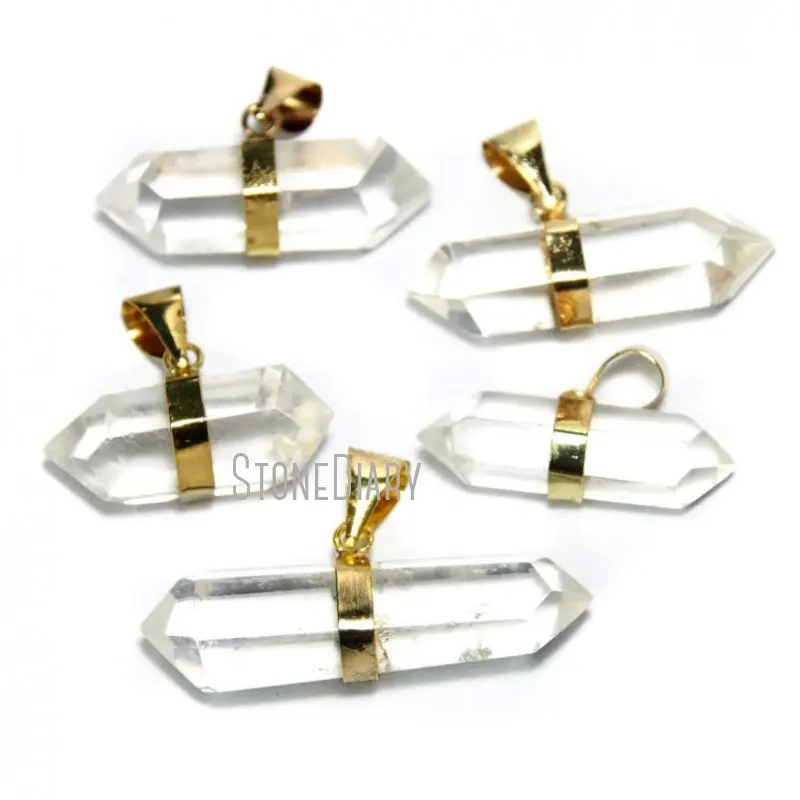 

PM15931 10pcs Clear Crystal Quartz Petite Nugget Pendant With Gold Color Layered Edging Approx 35mm x 15mm