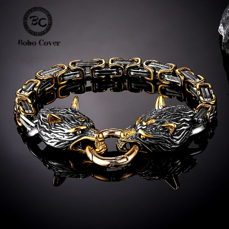 Norse Viking Celtic Wolf Head Bracelet Men Stainless Steel Odin Wolf Bangle Amulet Never Fade Gold Color King Chain Rock Jewelry