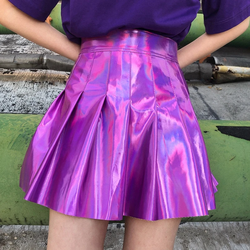 2019 Summer Fashion Women PU Solid Harajuku Casual Sexy Laser Hight Waist Micro Mini Short JK Skirts Holographic Pleated Skirts