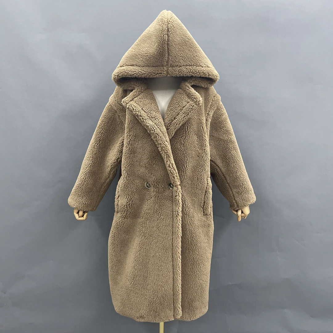 

New Arrival Teddy Bear Coat Fashion Classic 100% Wool Coat With Hood Korea Long Sheep Fur Coats Woman Winter 2021