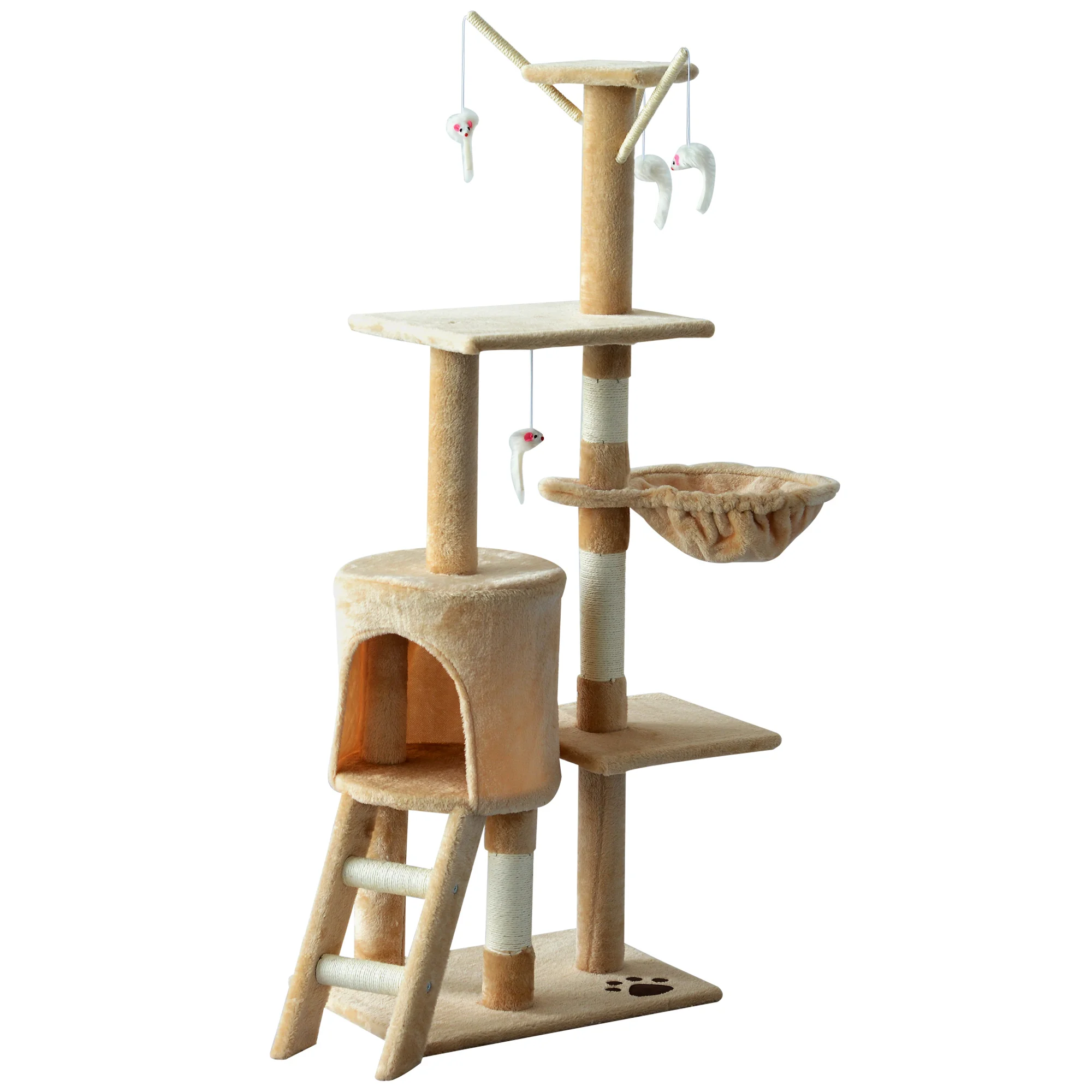 PawHut arbol para gatos Rascador Grande con Nidos Plataformas Casetas Raton de Juego 131cm Cubierto de Felpa Beige