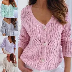 Women Cardigan Single-Breasted Long Sleeve Sweater Autumn Winter V-Neck Hollow Loose Knitted Cardigan Female кардиган женский