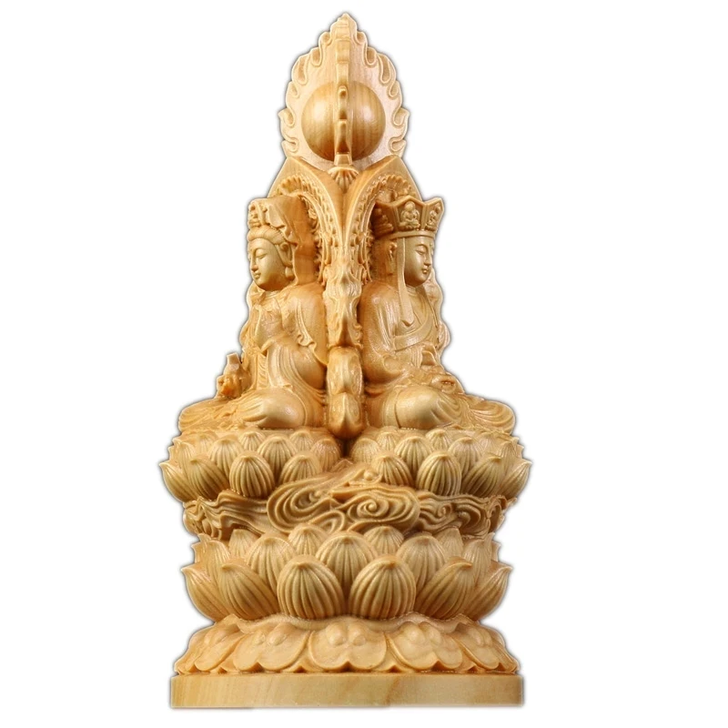 

Boxwood 15cm Three Buddha Sculpture Shakyamuni Guanyin Ksitigarbha Wood Statue Guan Yin Worship Home Decor