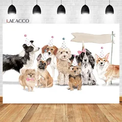 Laeacco Baby Birthday Party Background Cartoon Watercolor Cute Dogs Celebrate Child Portrait Customized Photographic Backdrops