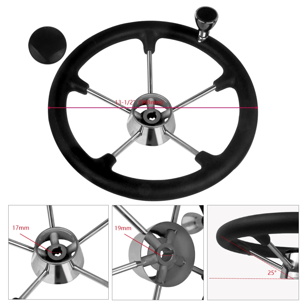 Boat Accessories Marine 13-1/2 Inch stainless steel  5 Spoke Destroyer Steering Wheel with Black Foam Grip and Knob