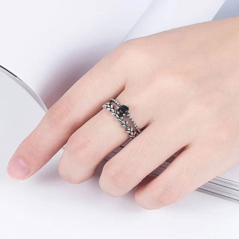 Neutral Silver Plated Tail Ring Resizable Retro Female Ring Thai Silvery Finger Jewelry Zirconia Double Layer Tree Branch Rings