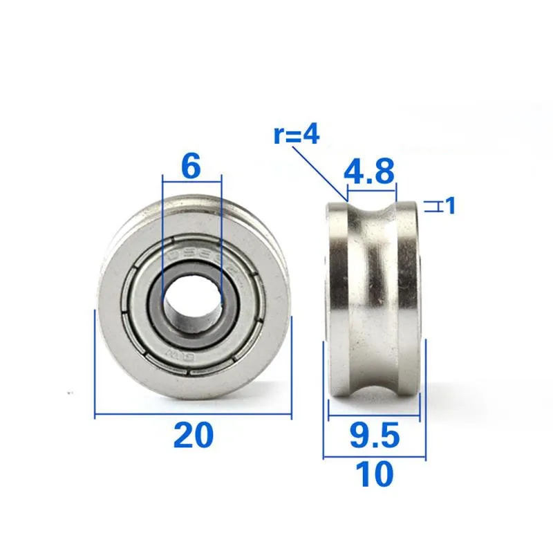 10pcs/50pcs U Groove Radian Radius 4mm Guide Wheel 6*20*9.5mm Steel Pulley Rope Wire Conductor Roller 6x20x9.5mm