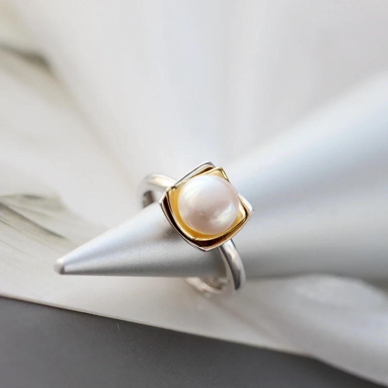 Authentic 925 Sterling Silver Fashion 8mm Natural Pearl Opening Adjustable Rings For Women Fine Jewelry Christmas Gift